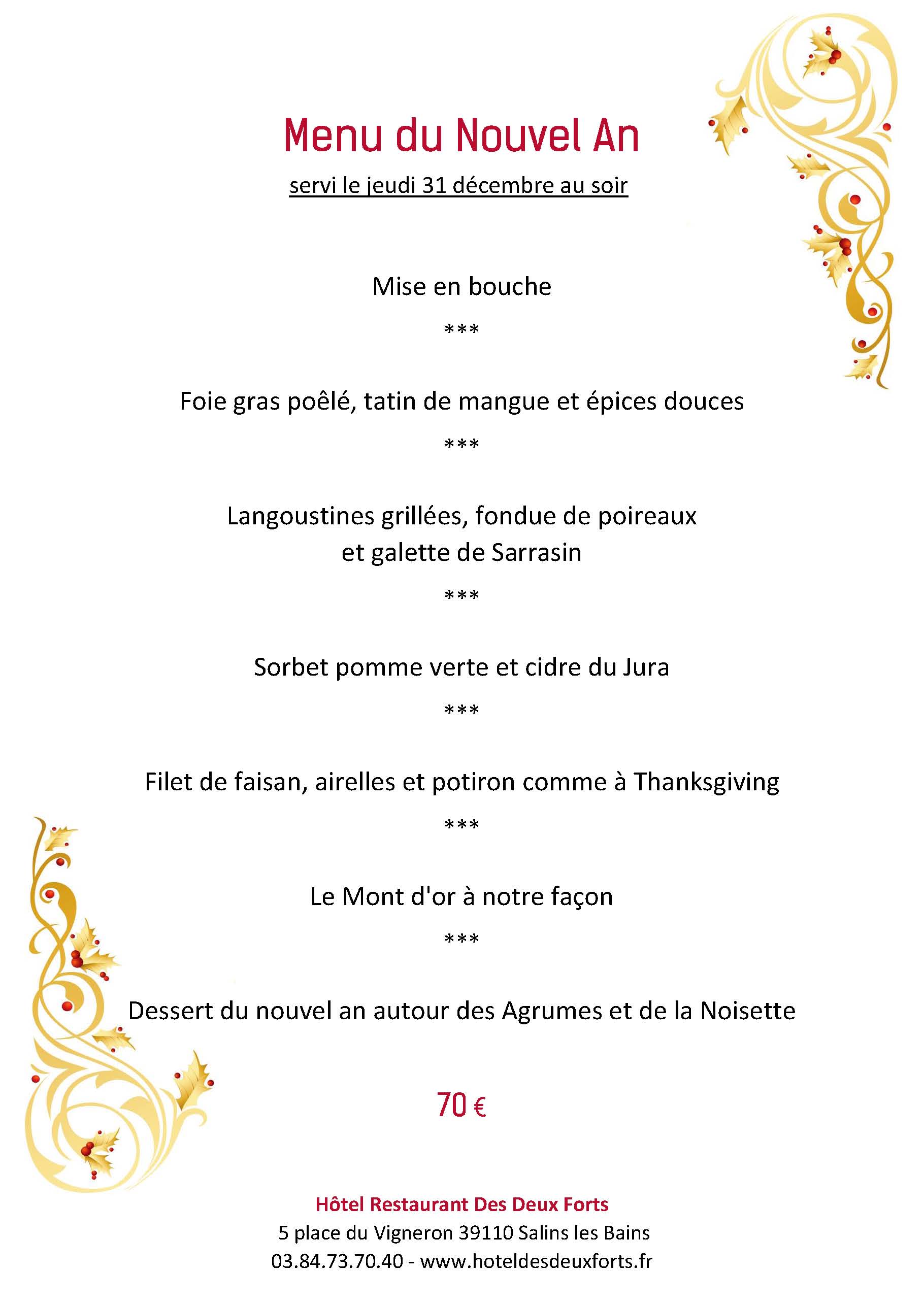 Restaurant des Deux Forts Menu du Nouvel An menu du réveillon diner aux chandelles - Salins les